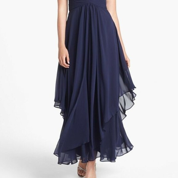 ELIZA J Embellished Tiered Chiffon Halter Gown EVENING BRIDE WEDDING NAVY 2 - Picture 2 of 4